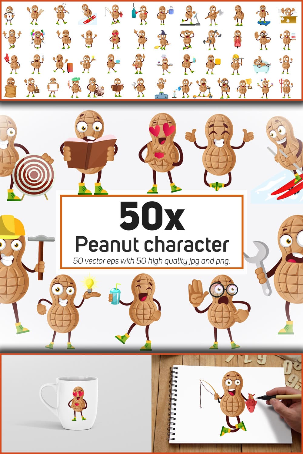 Peanut character or mascot in different situations of pinterest.