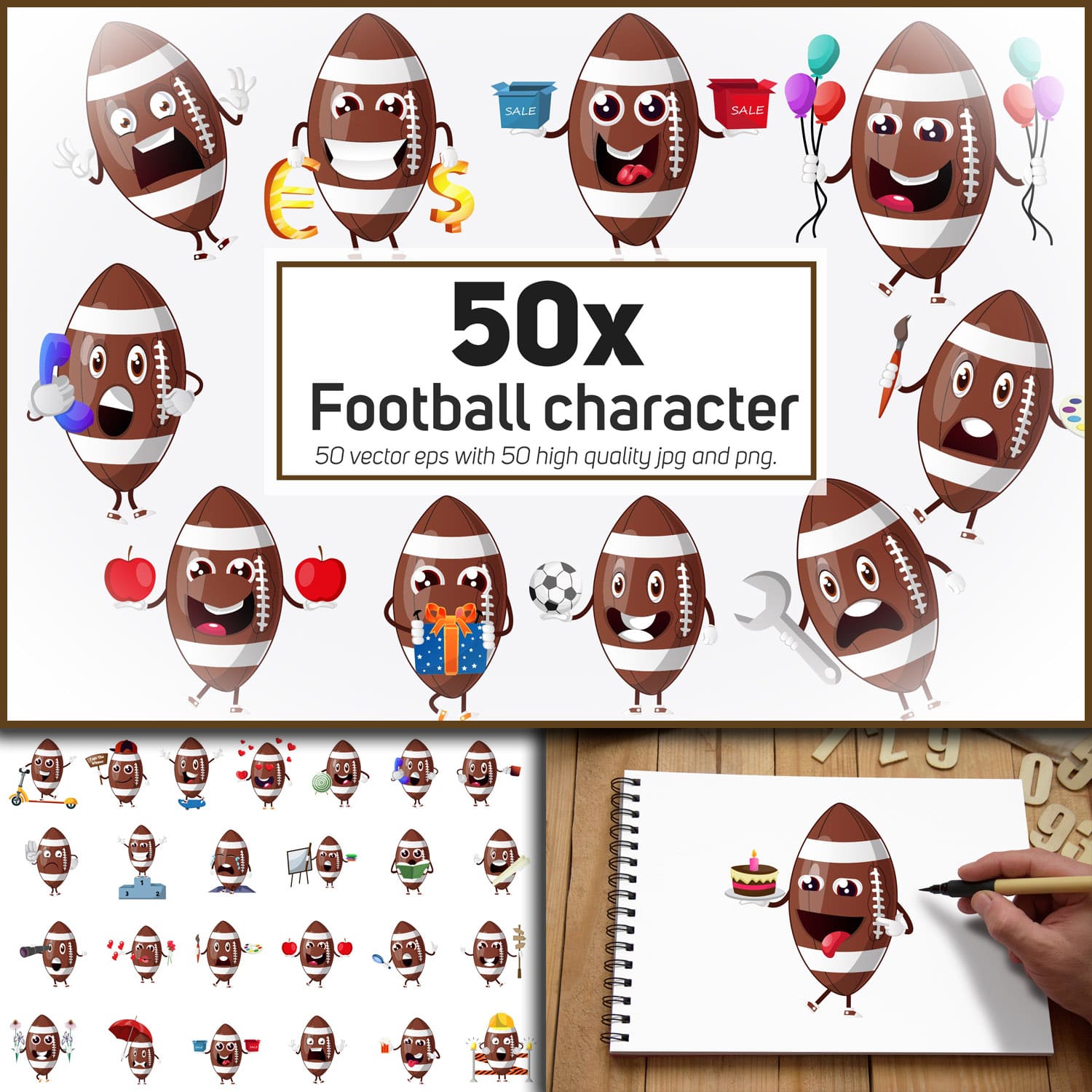 Prints of 50x football mascot or character in different situ.