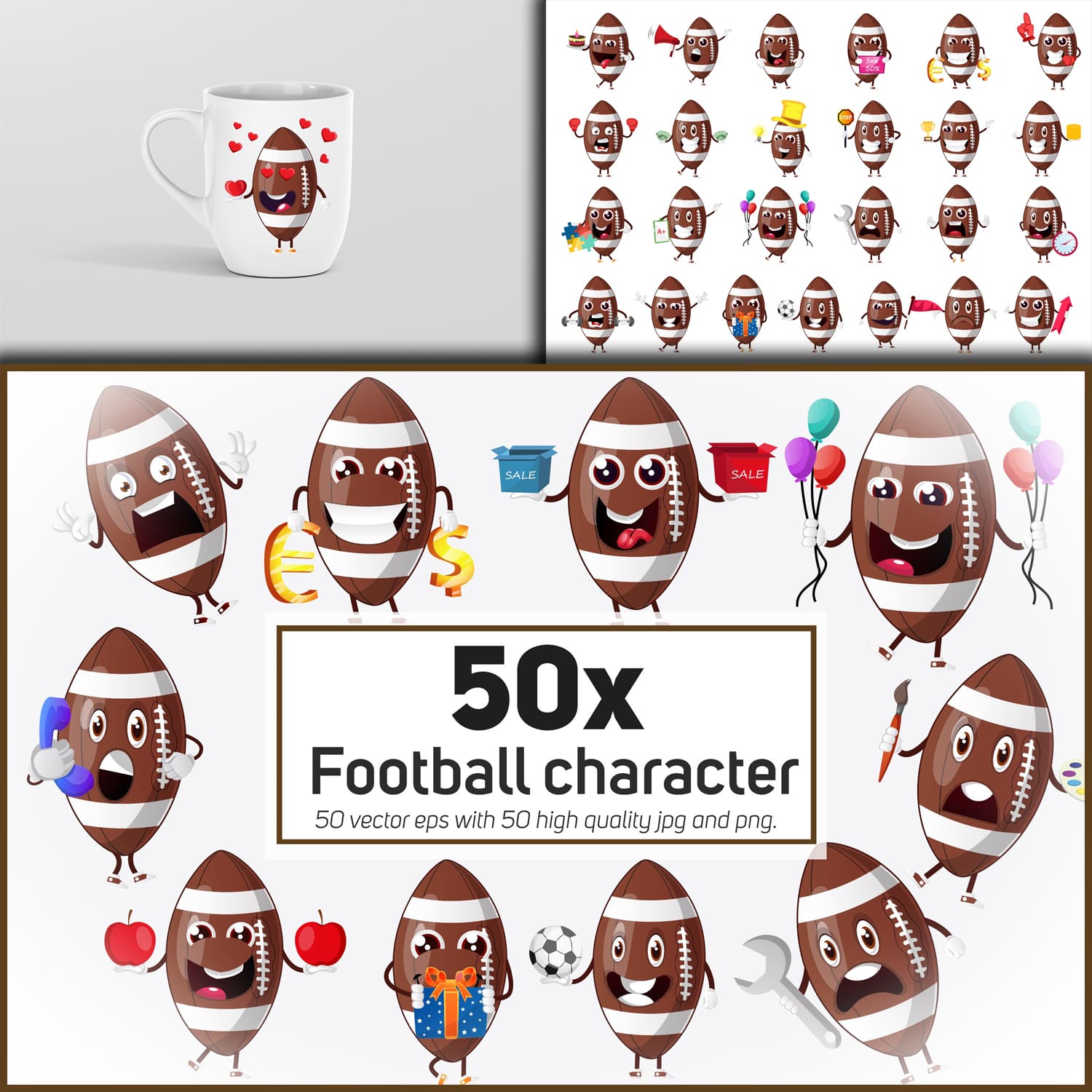 Preview 50x football mascot or character in different situ.