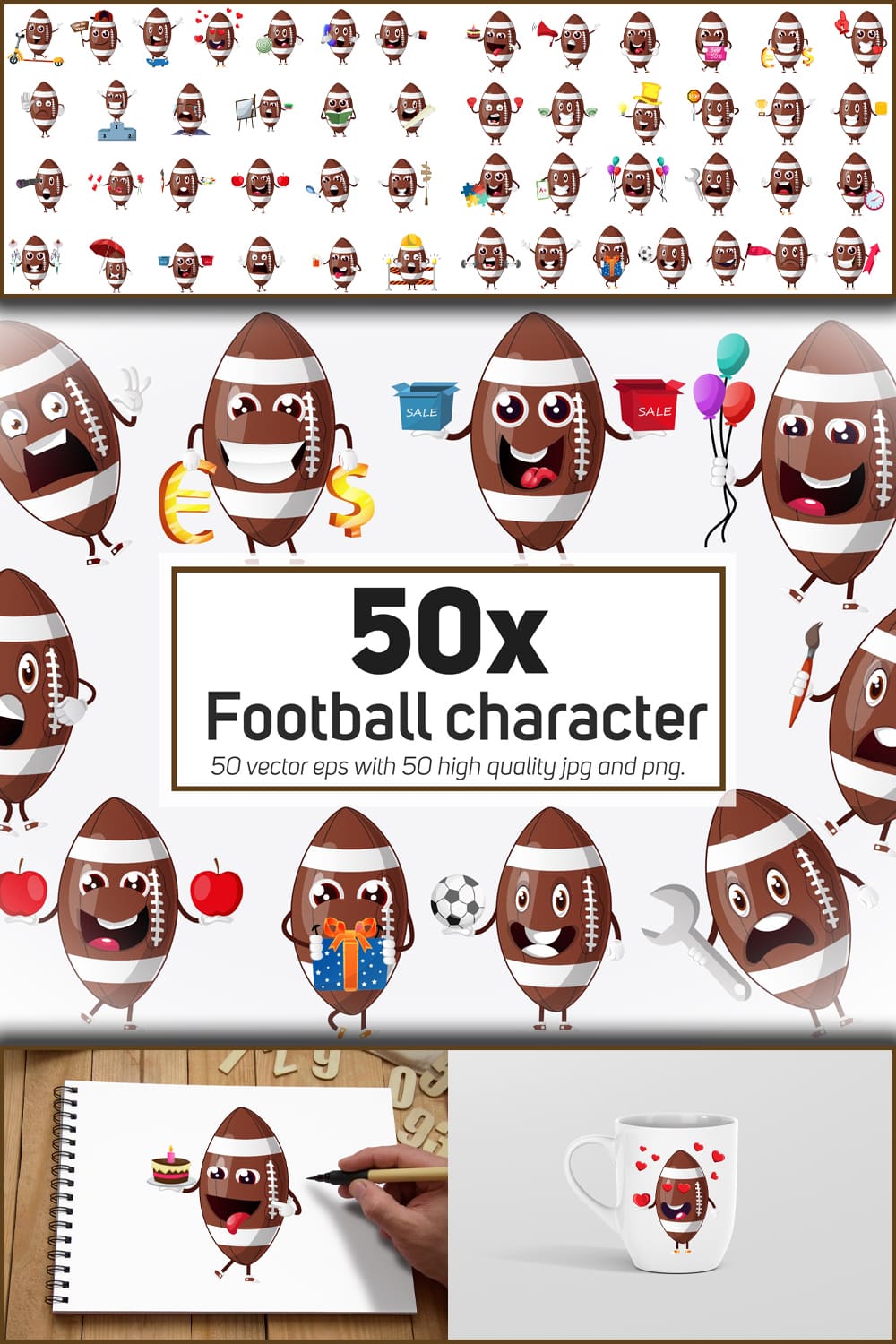Football mascot or character in different situ of pinterest.