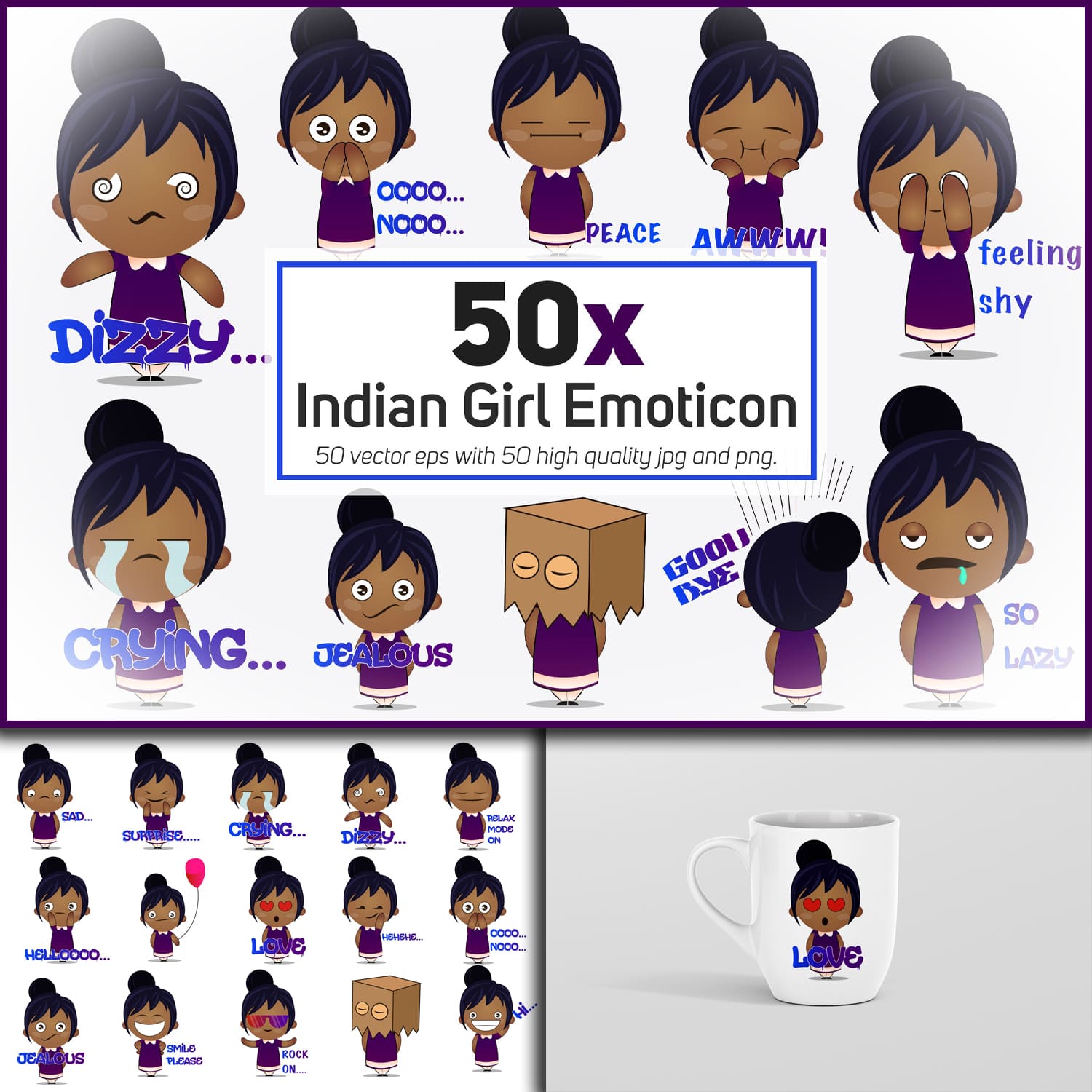 Prints of indian girl emoticon or stickers character col.