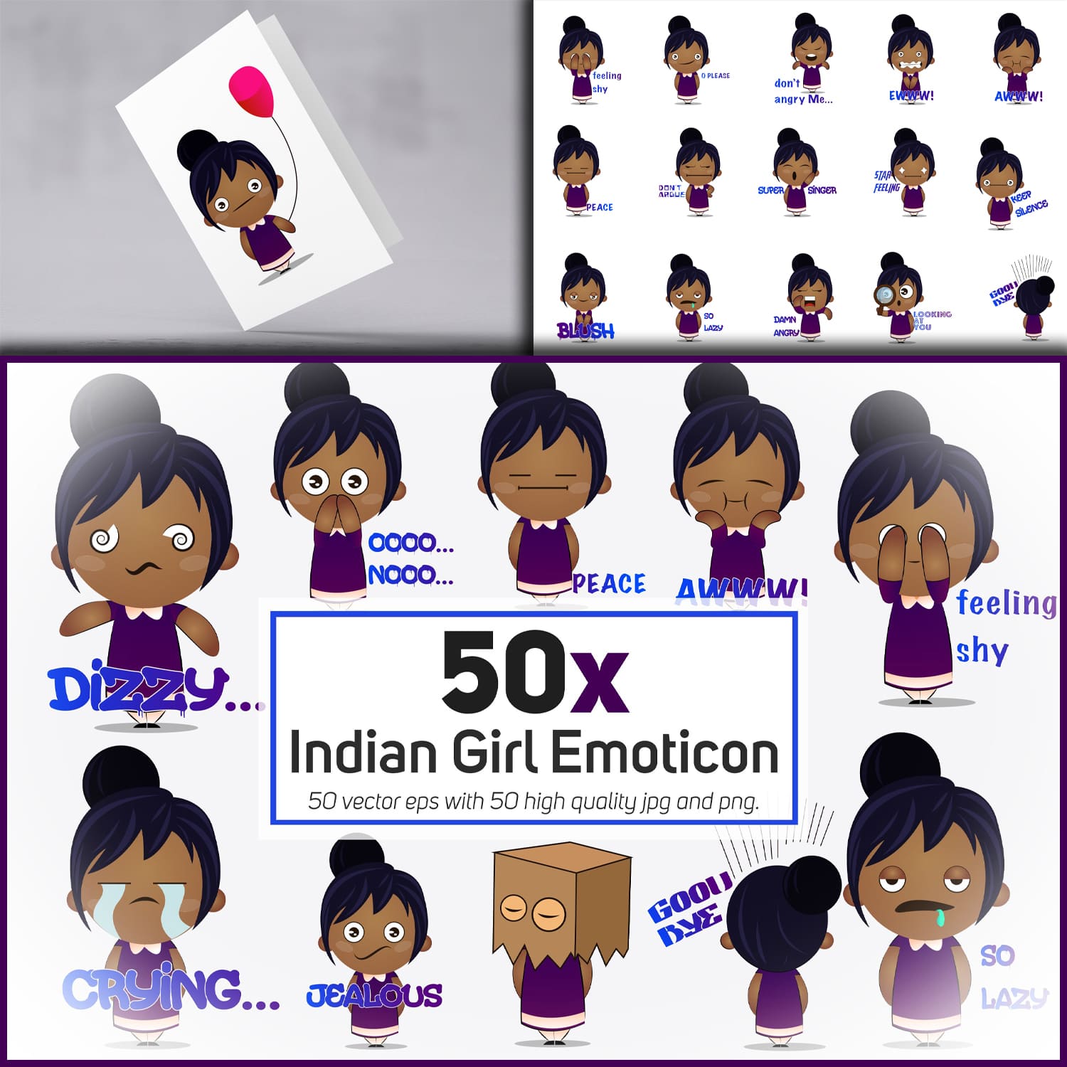 Preview 30x indian girl emoticon or stickers character col.