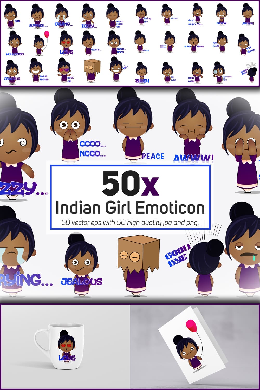 Indian girl emoticon or stickers character col of pinterest.