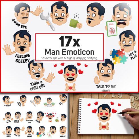 Prints of man emoticon or stickers character collection.