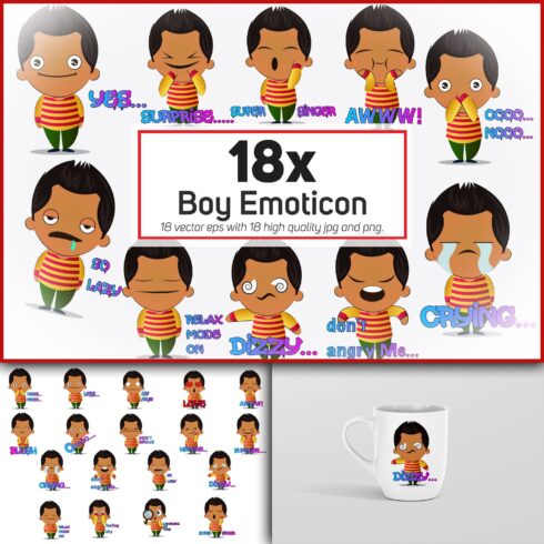 Prints of boy emoticon or stickers character collection.