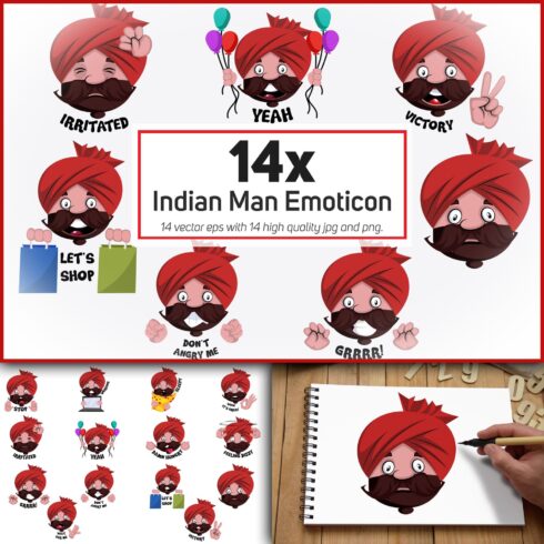 Prints of indian man emoticon or stickers character coll.