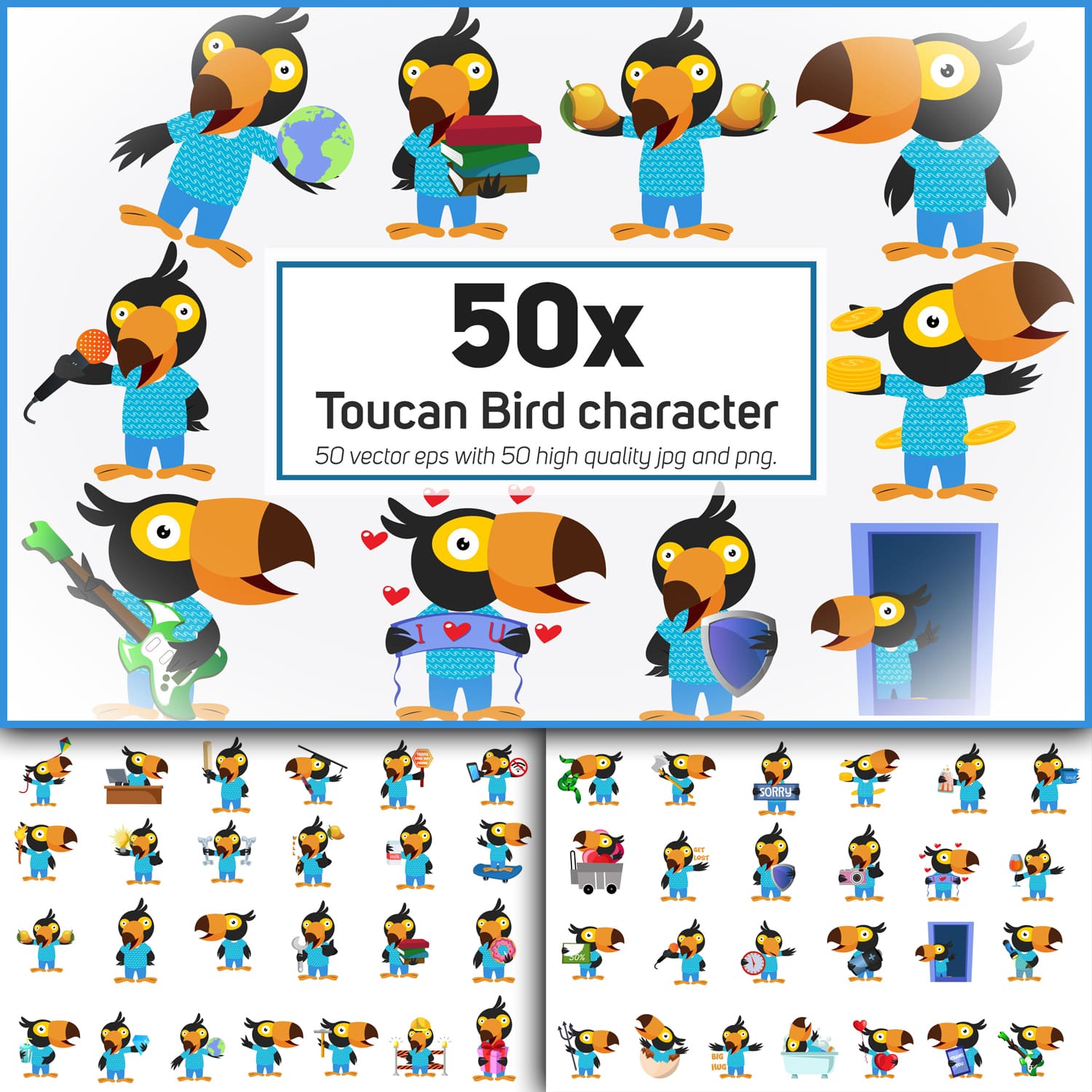 Prints of toucan bird character or sticker collection.