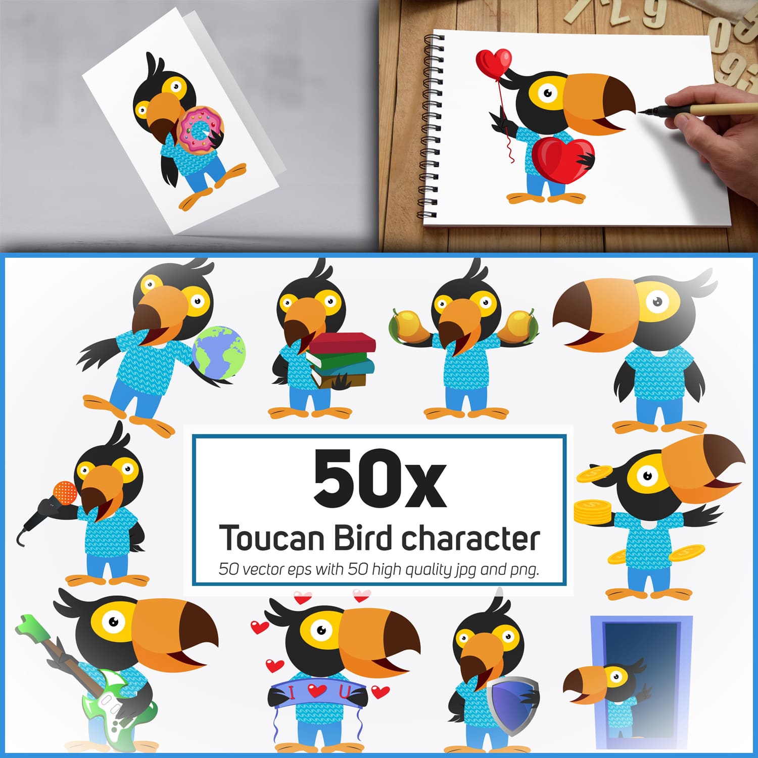 Preview toucan bird character or sticker collection.