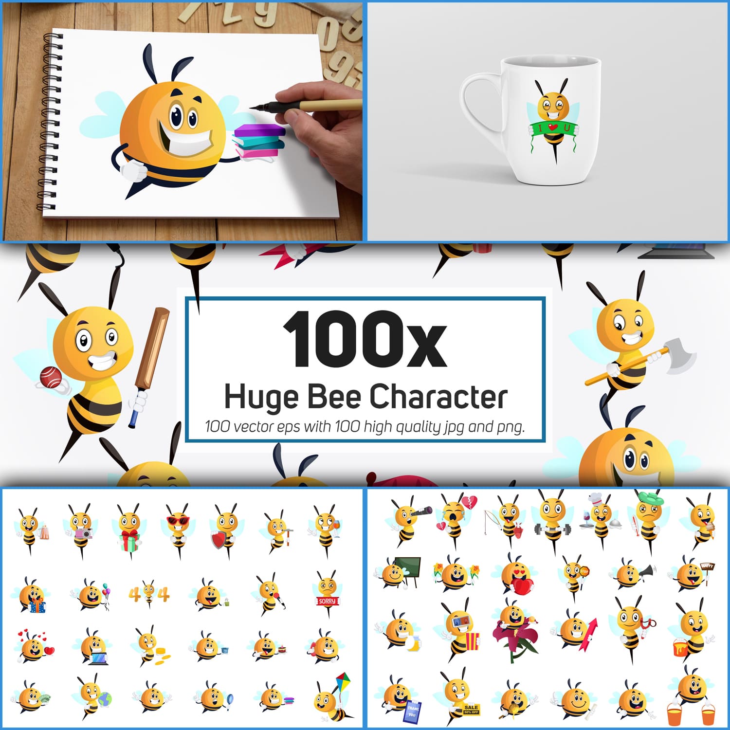 Preview huge bee character collection illustration.