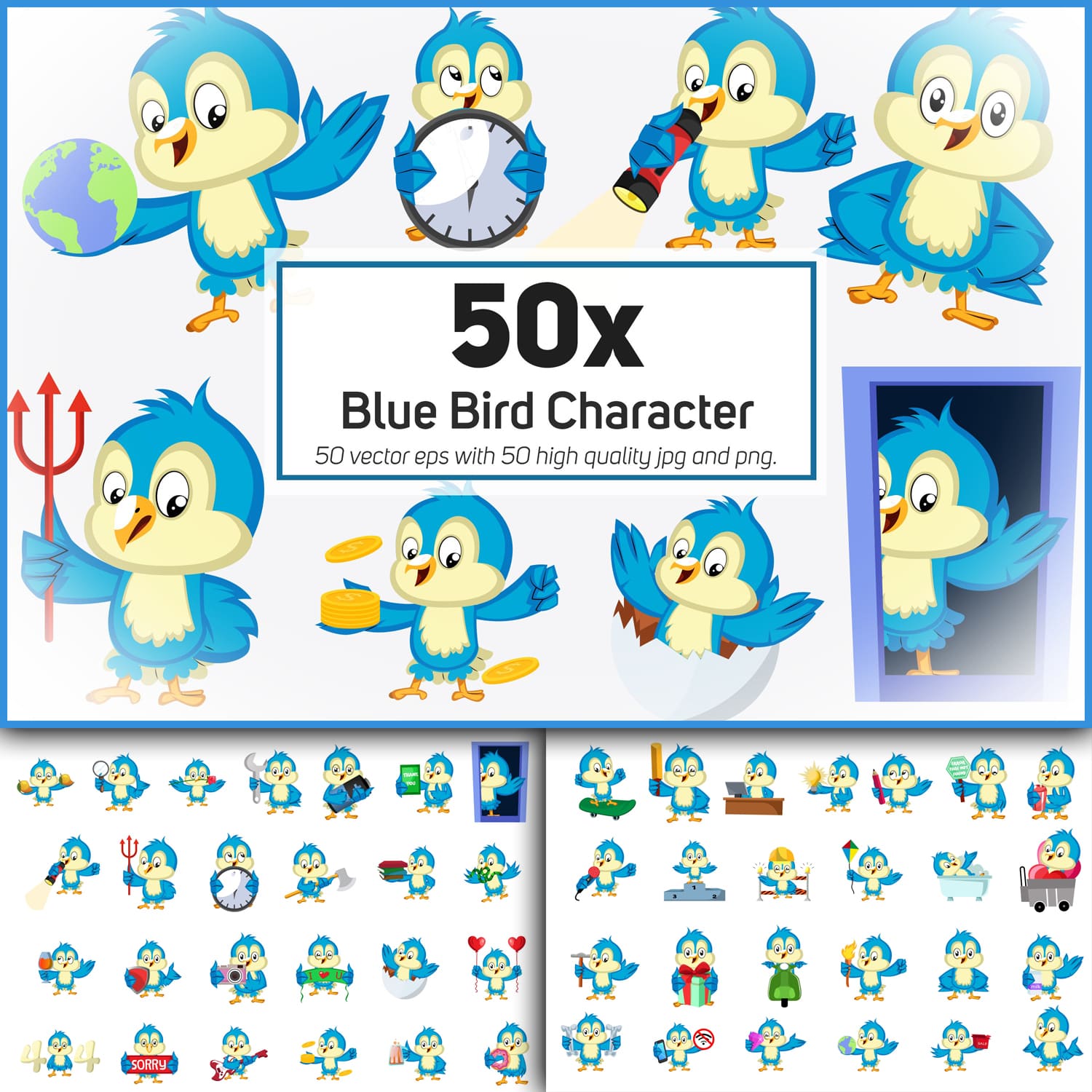 Prints of blue bird character collection illustration.