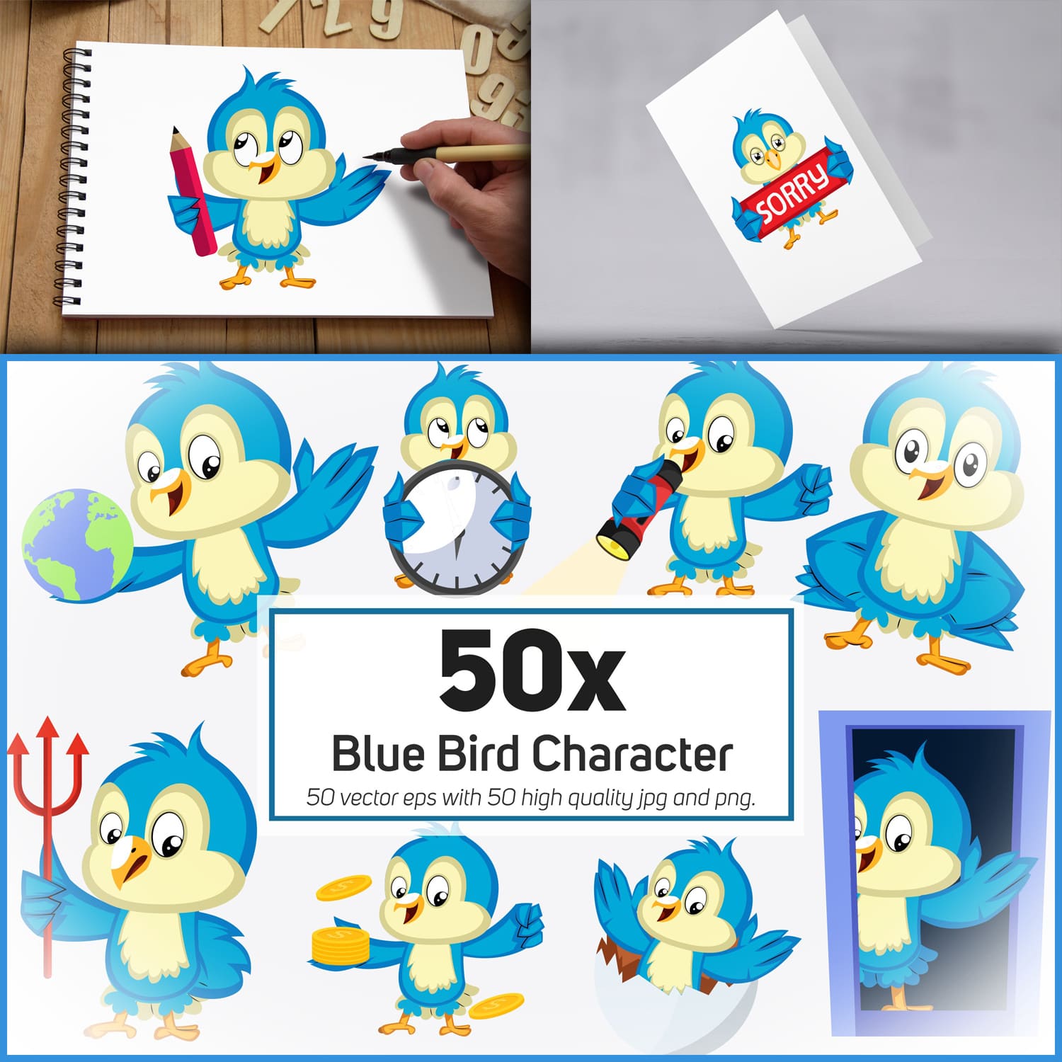 Preview blue bird character collection illustration.