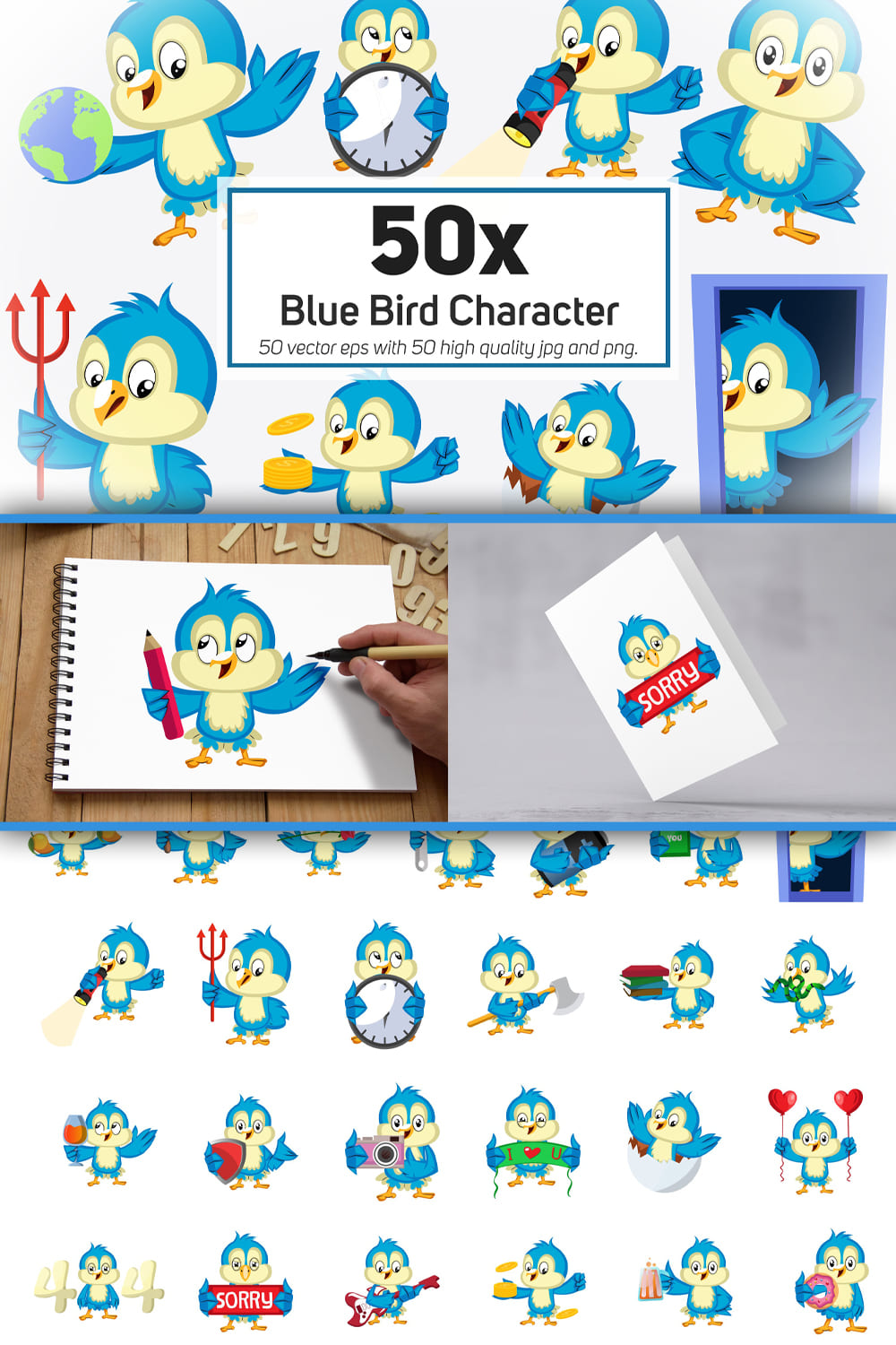 Blue bird character collection illustration of pinterest.