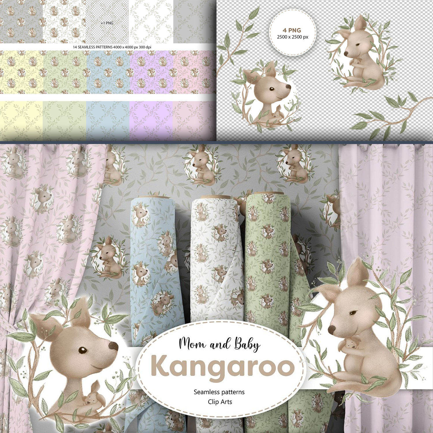 Kangaroo Seamless Patterns Clipart Design cover image.