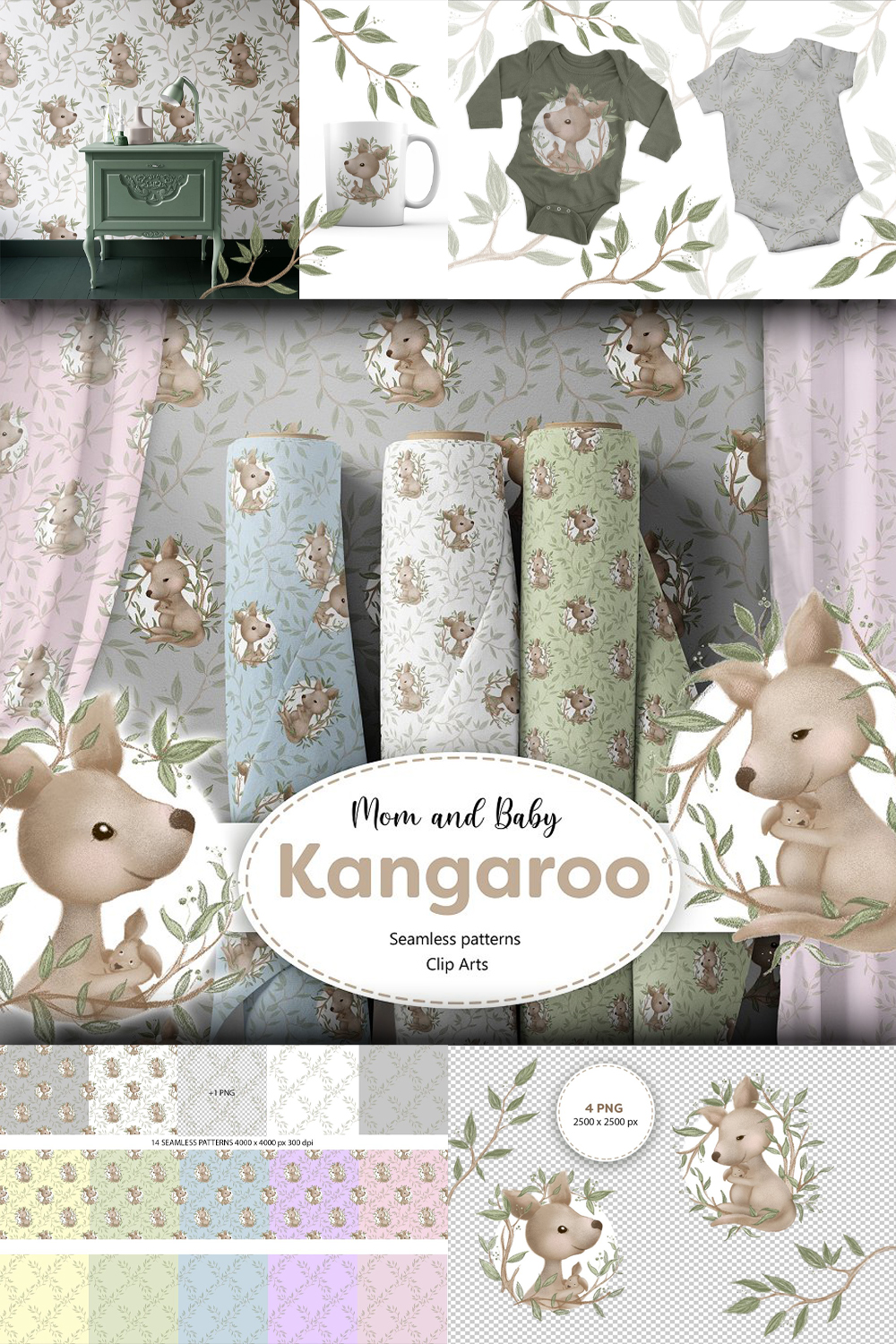 Kangaroo Seamless Patterns Clipart pinterest image.