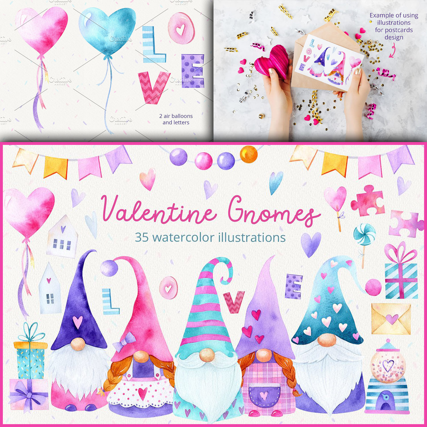 Pink, blue, violet Valentine gnomes.