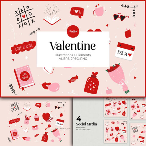 Image of red flowers in a pink wrapper, candies and romantic cards for Valentine's Day.