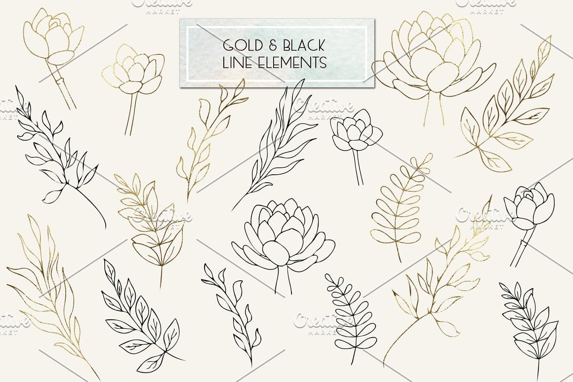 Gold and black line plant elements.