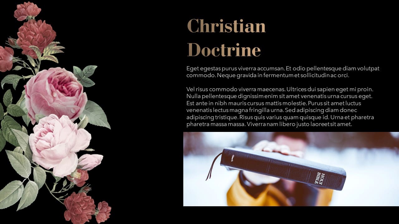 Black slide with Christian doctrine and bible photo.