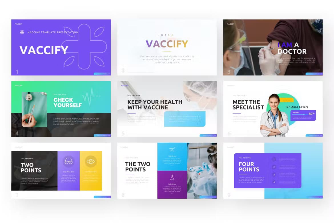 Three images of the vaccify vaccine presentation template.