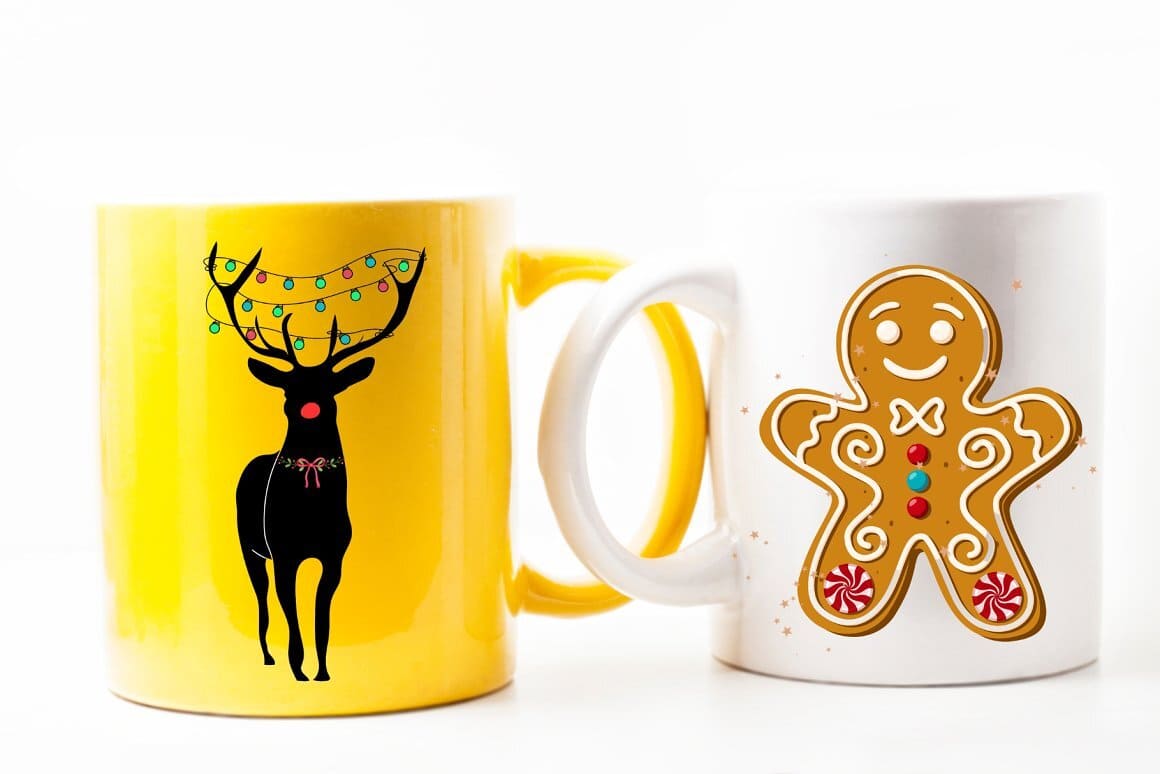 Image of cups with a picture of a Christmas deer and Christmas cookies.