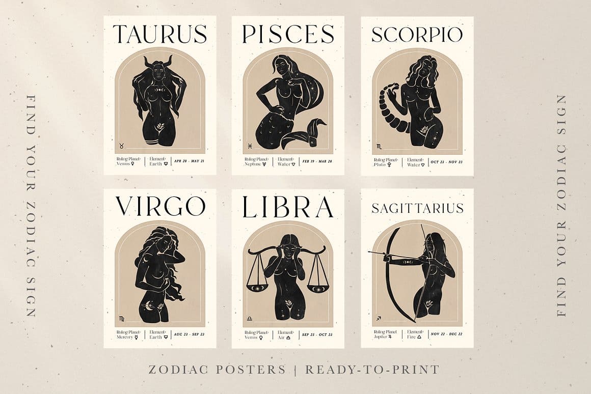 Six zodiac signs on the grey background.