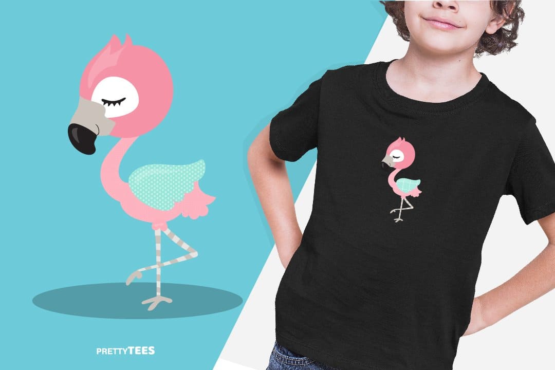 A cute flamingo is drawn on a black trendy t-shirt.
