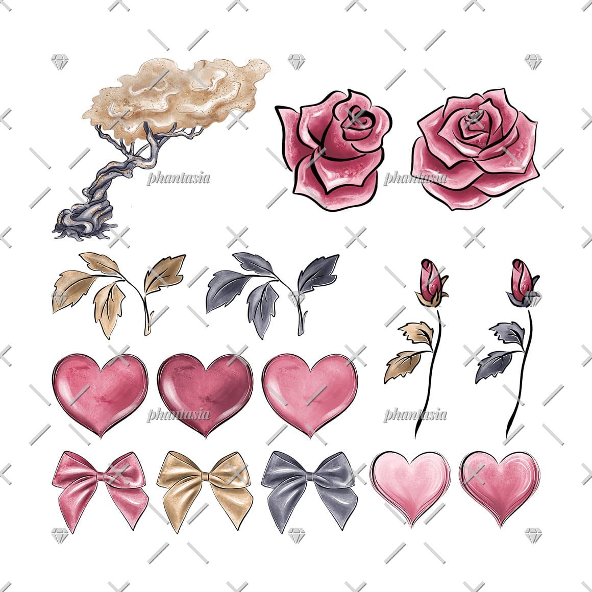 Images of bows, hearts, roses and other romantic things.