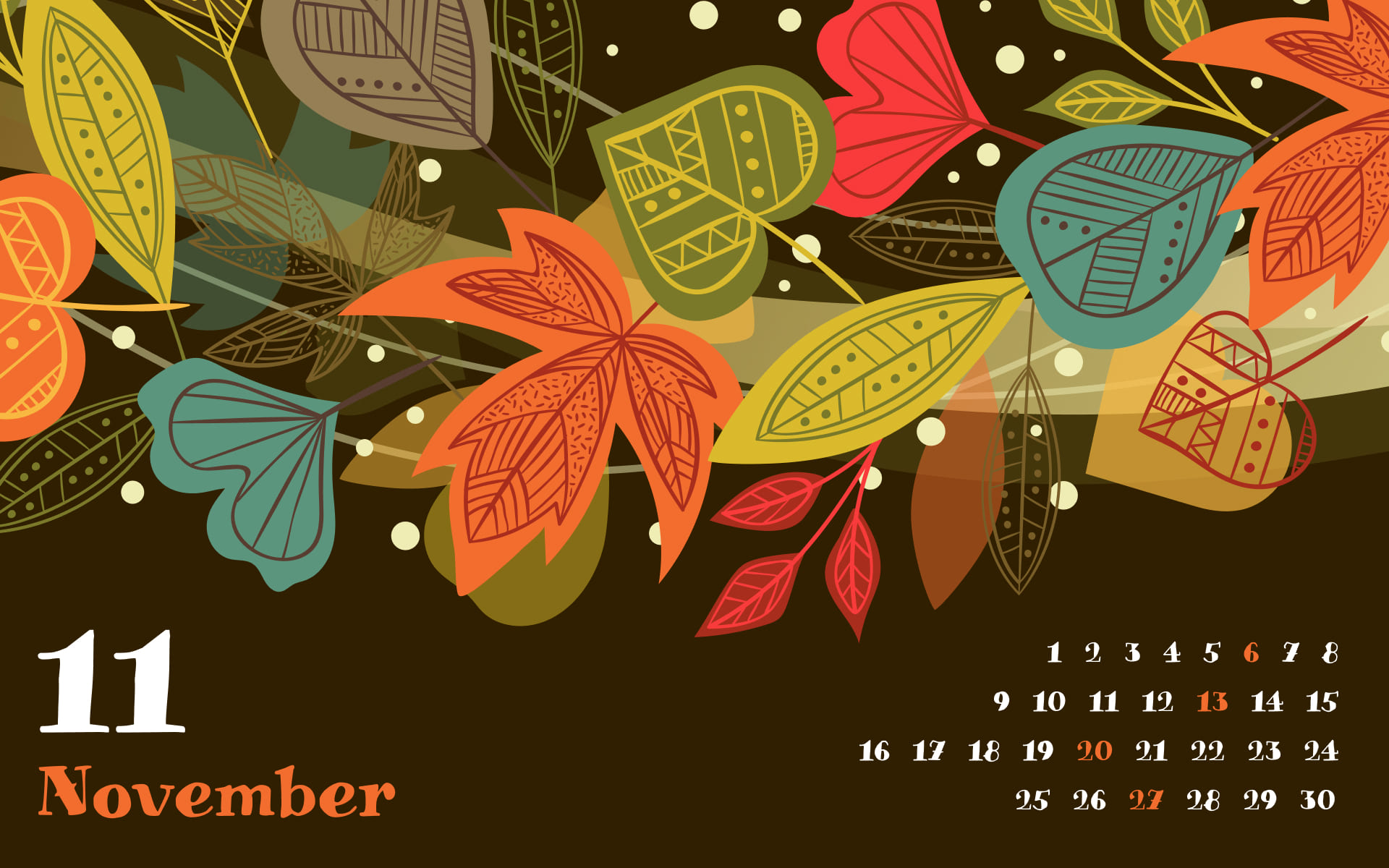 Calendar for November in brown color, resolution 1920x1200.