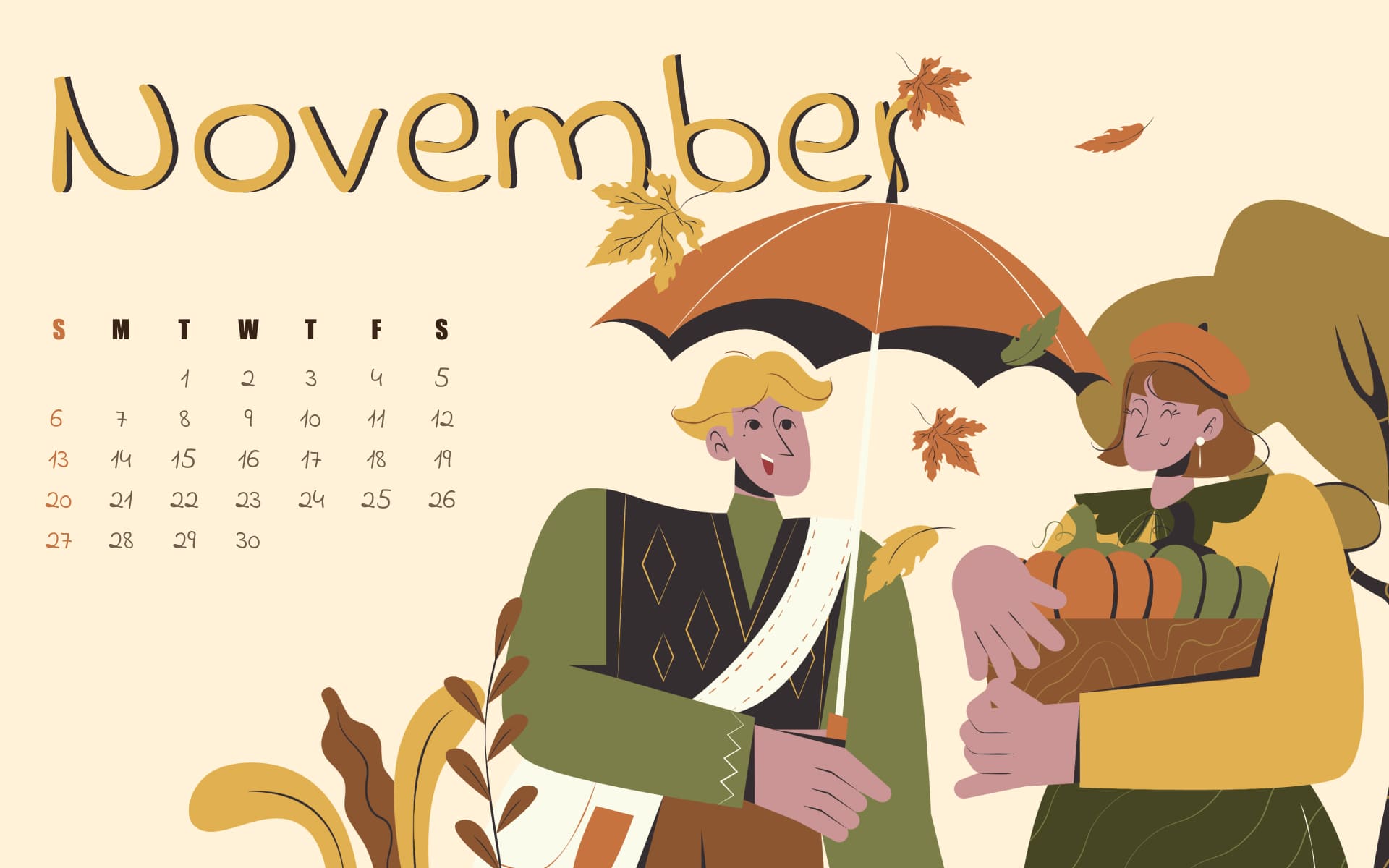 Free autumn November calendar, image size 1920x1200.
