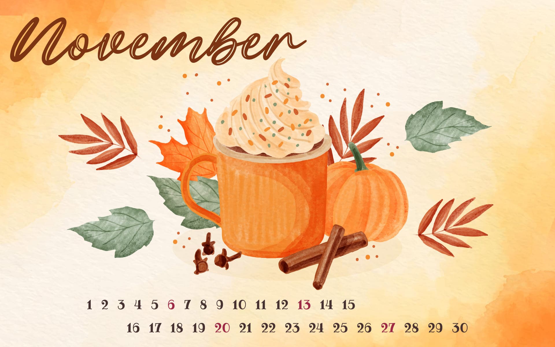 Free food calendar for November 1920x1200.