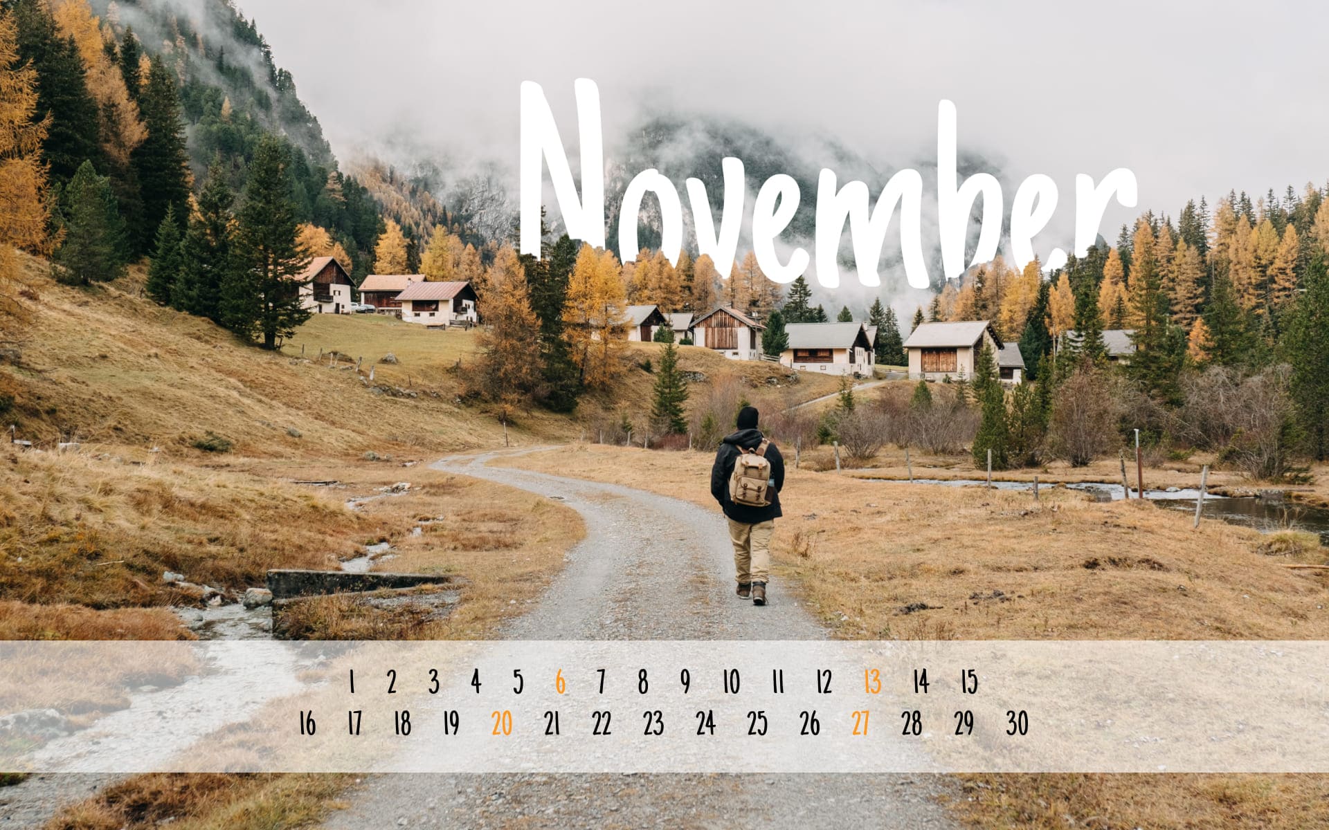 Free November calendar with mountains size 1920x1200.