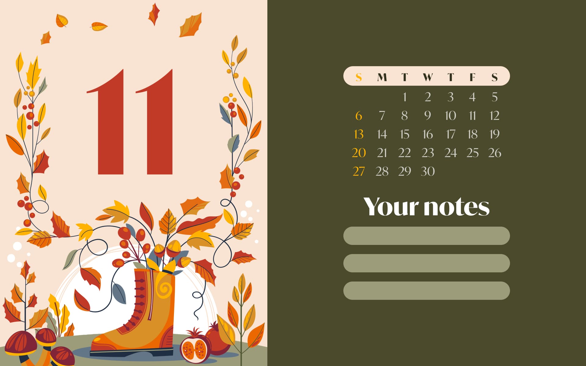 Free cute November calendar 1920x1200.