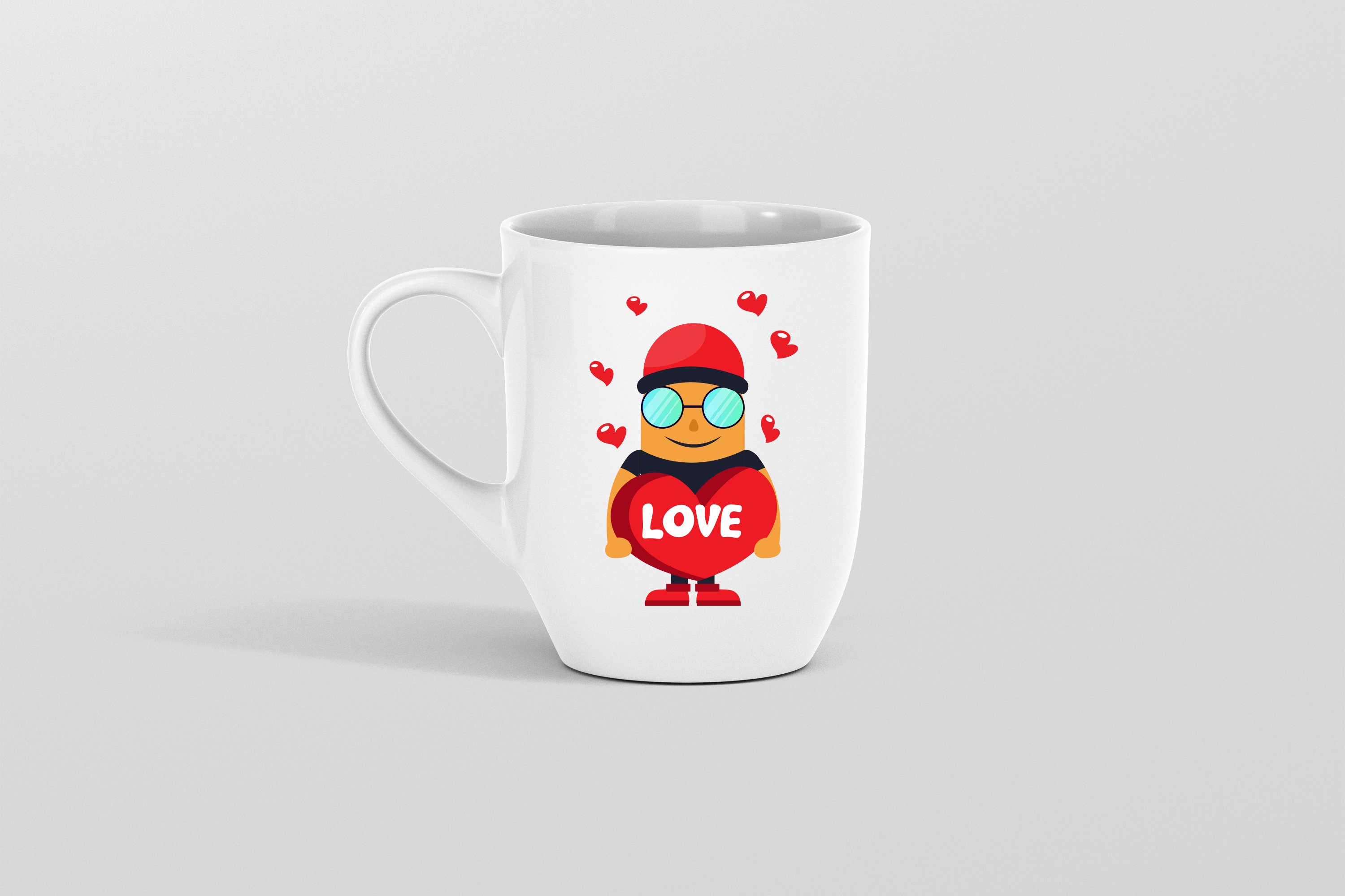Cup with a print of a man with hearts.
