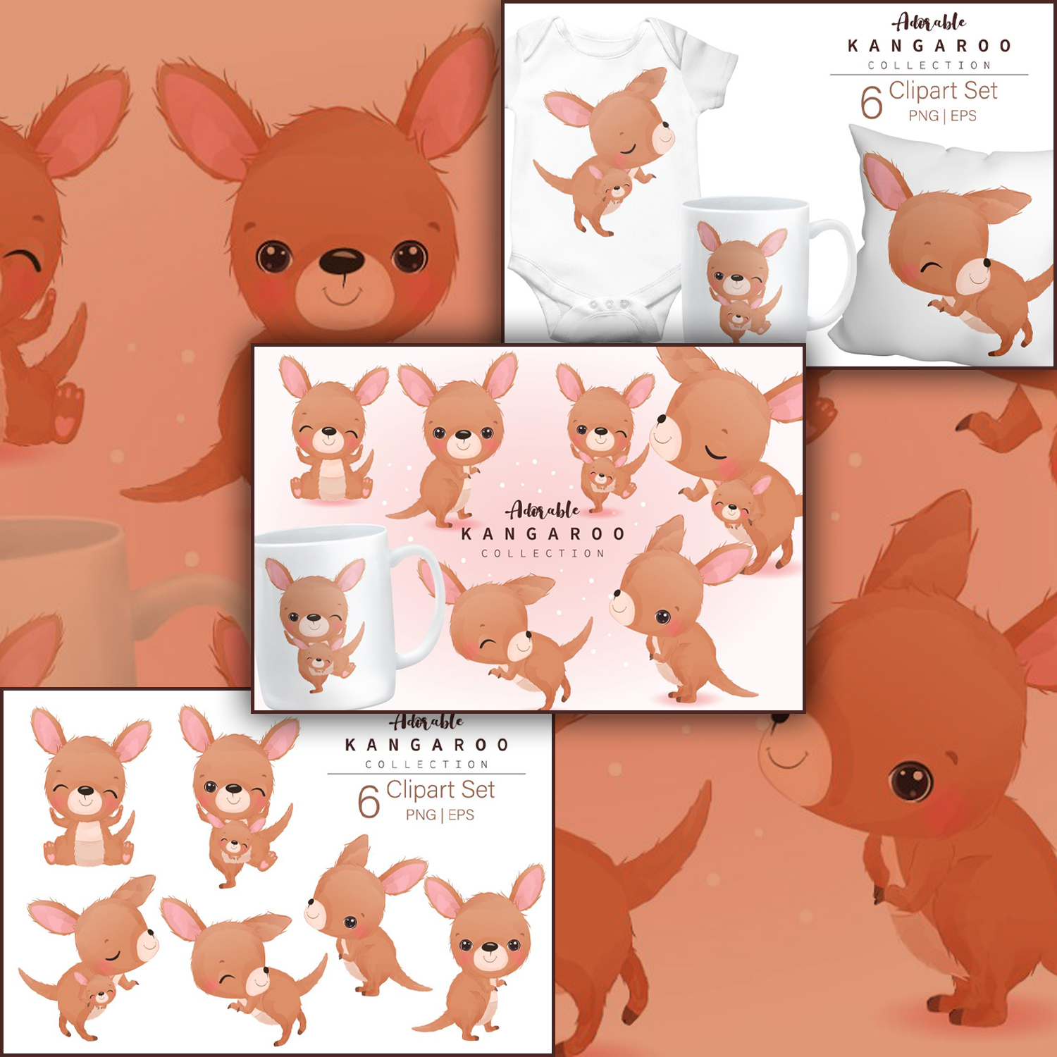 Adorable Kangaroo Clipart Set Design cover image.