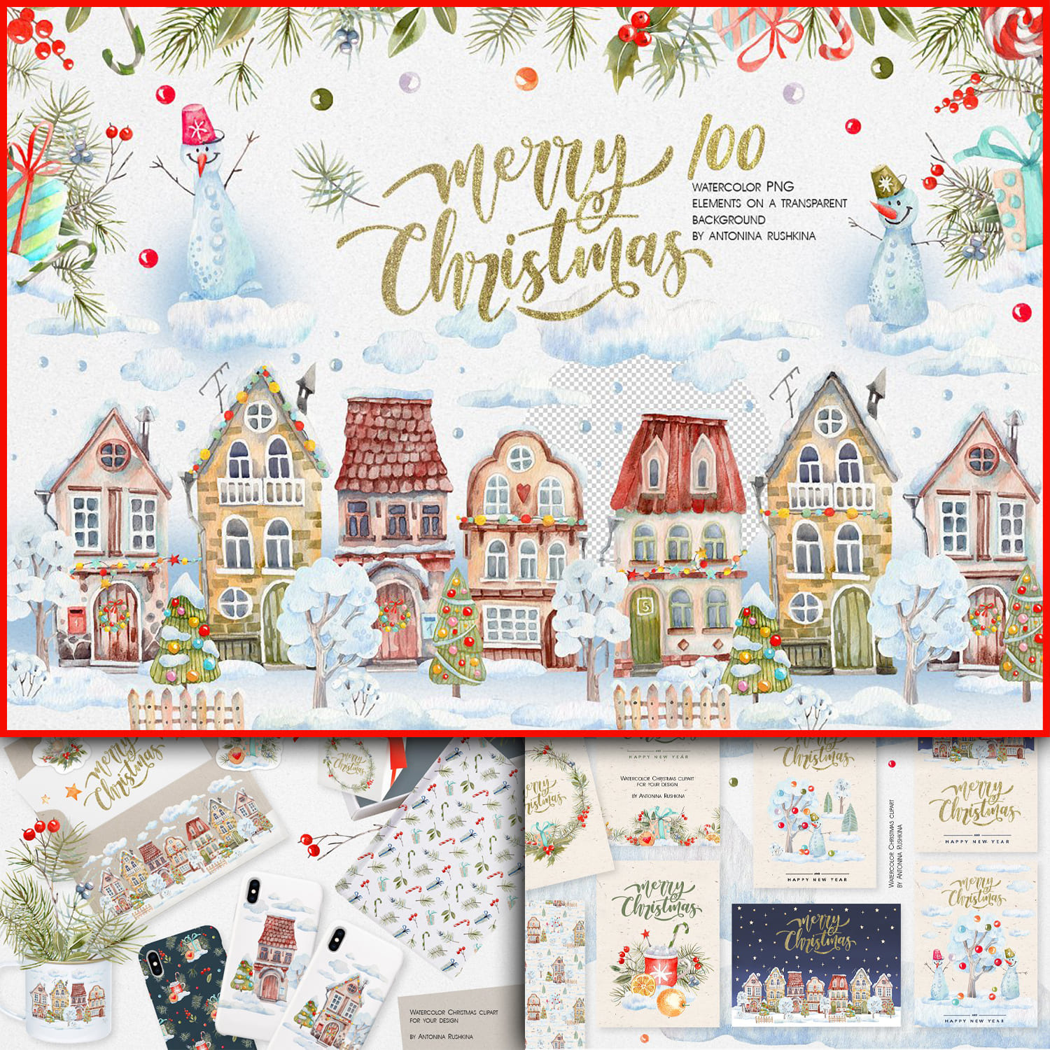 Watercolor images of houses decorated with Christmas decorations.