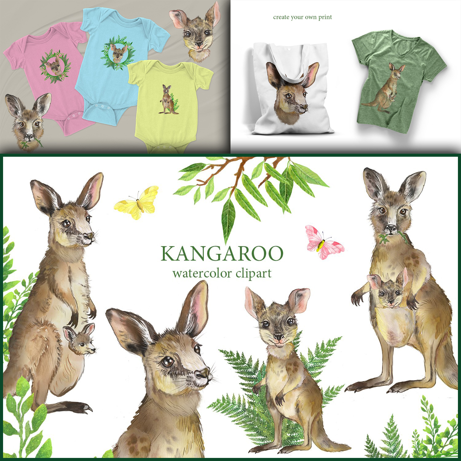 Kangaroo Watercolor Clipart Family Kangaroo Australia Design cover image.