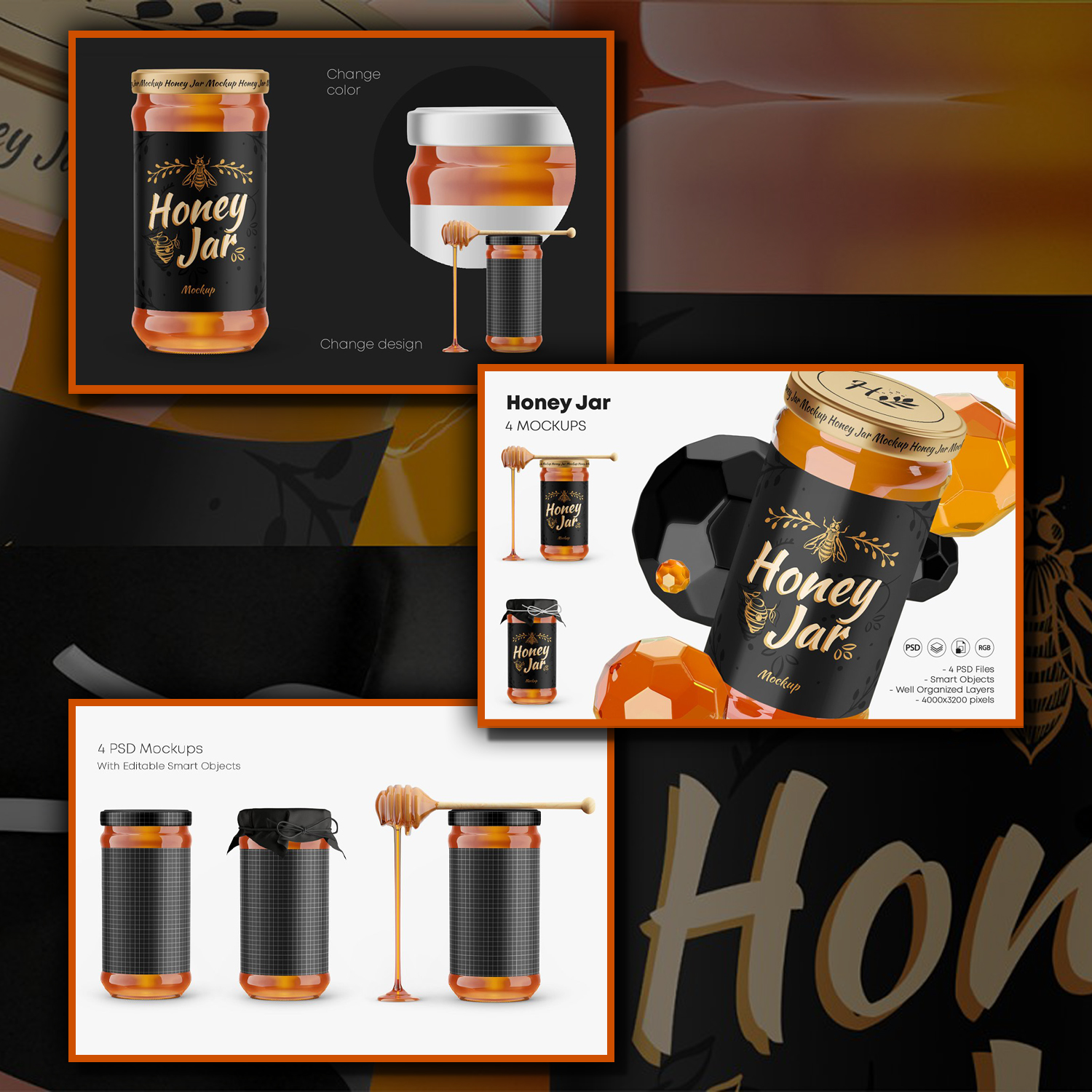 Prints of honey glass jar mockup set.