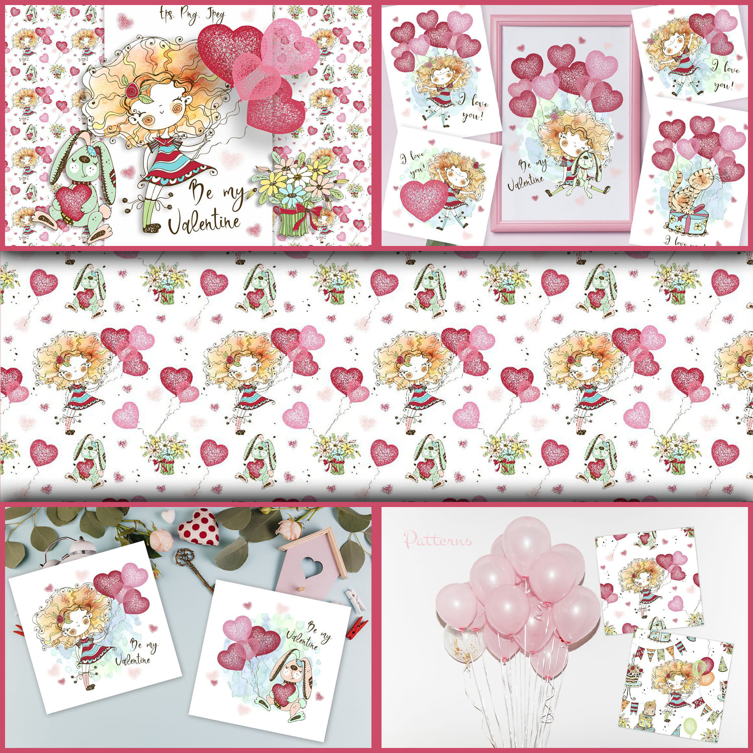 Five images with a romantic heart print.