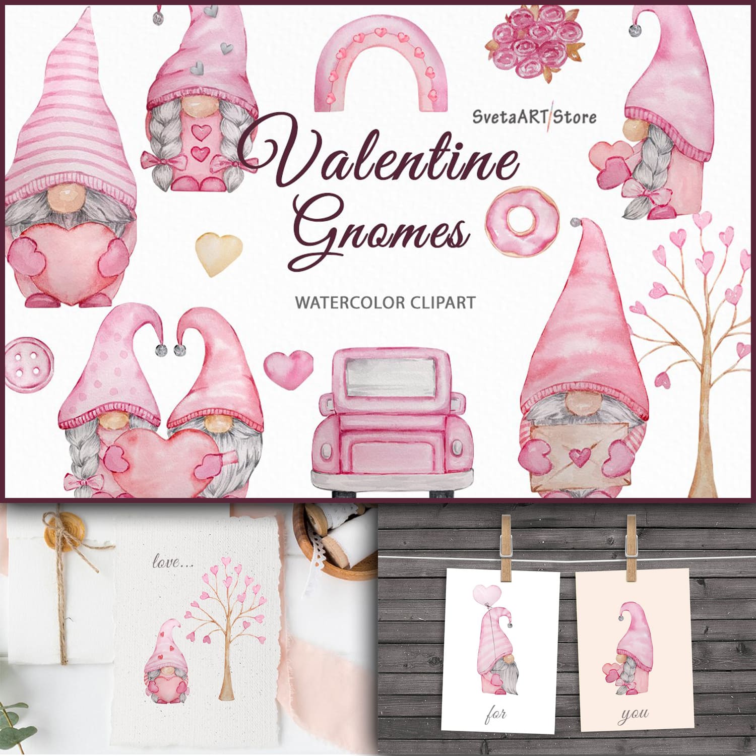 Illustrations watercolor valentine gnomes clipart.