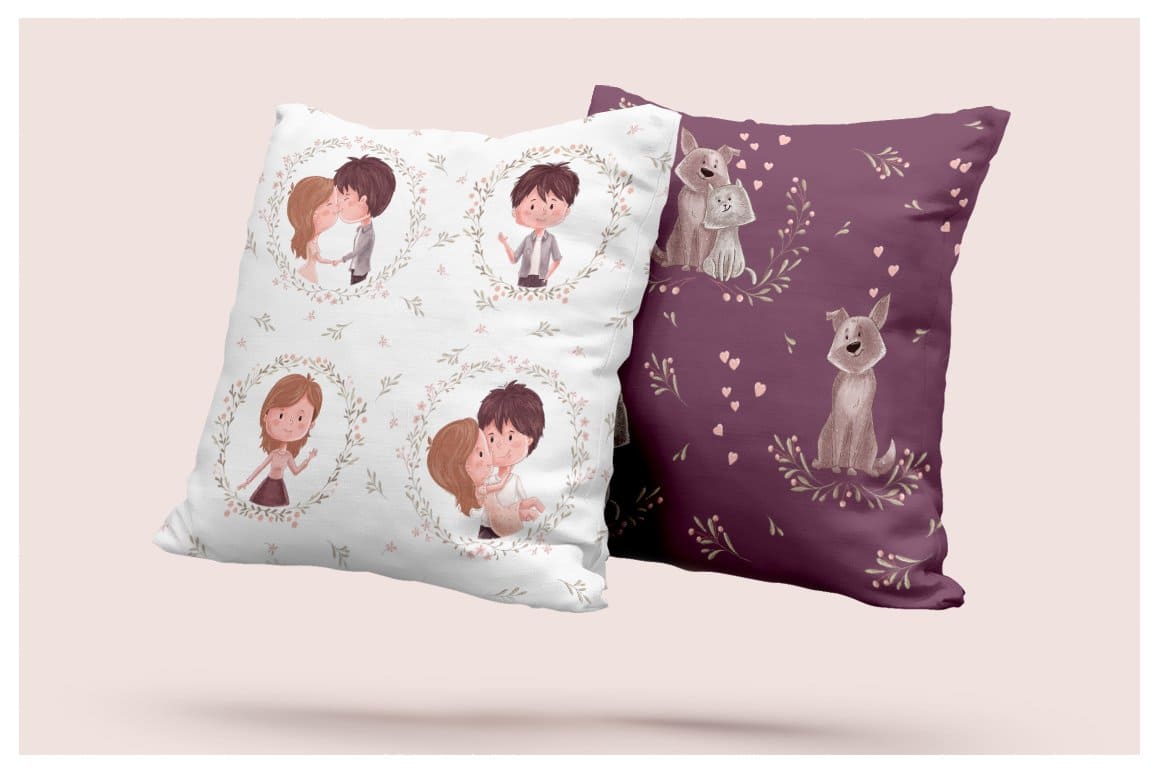 Romantic feelings are depicted on a white and dark pillow.