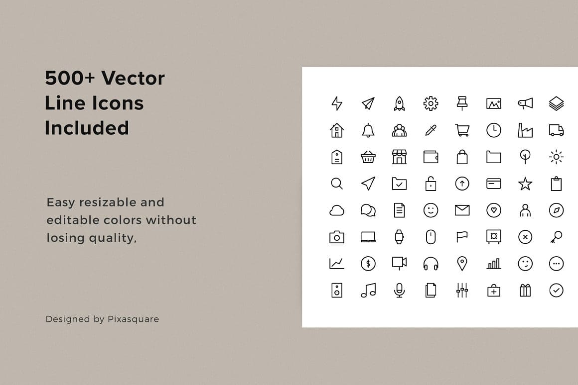 500+ vector line icons with elementary icons on a white background.