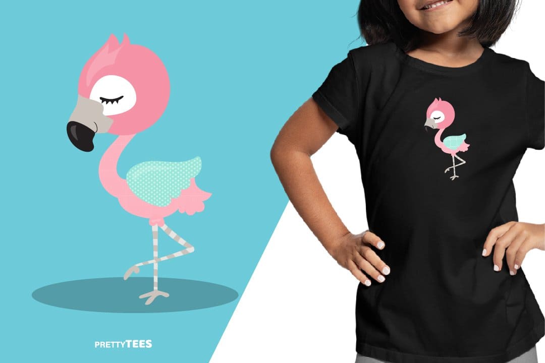 A flamingo is drawn on a black trendy girl's t-shirt.