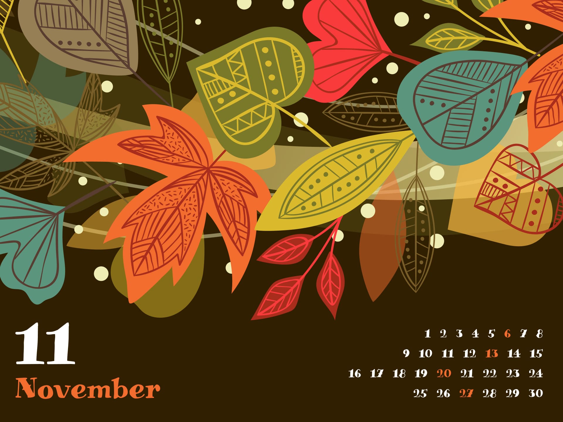 Calendar for November in brown color, resolution 1920x1440.