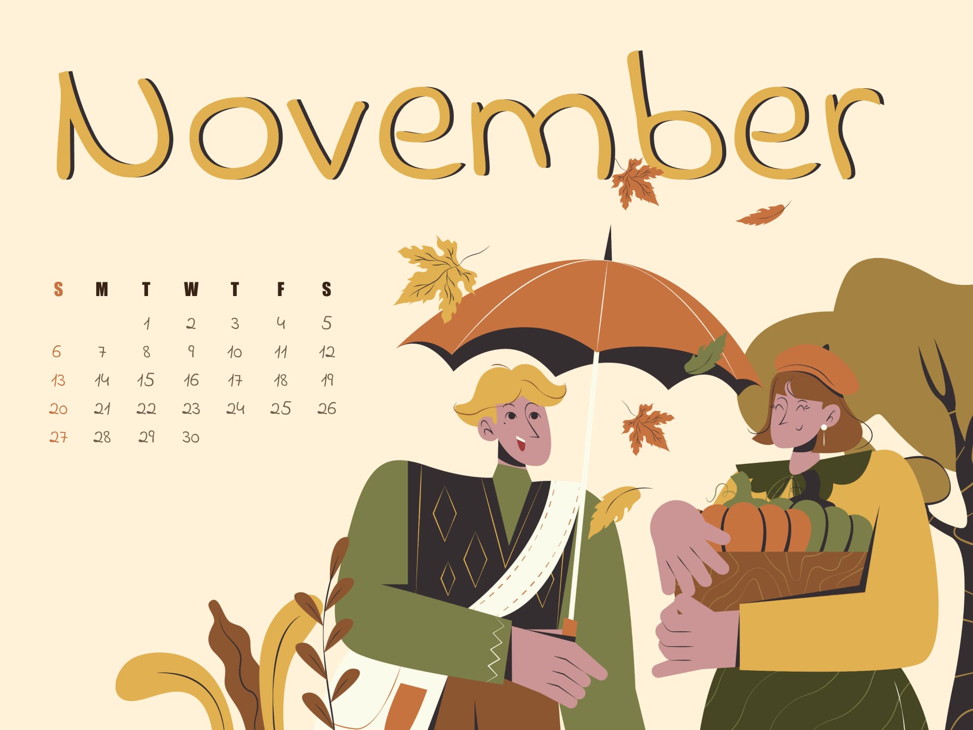 Free autumn November calendar, image size 1920x1440.