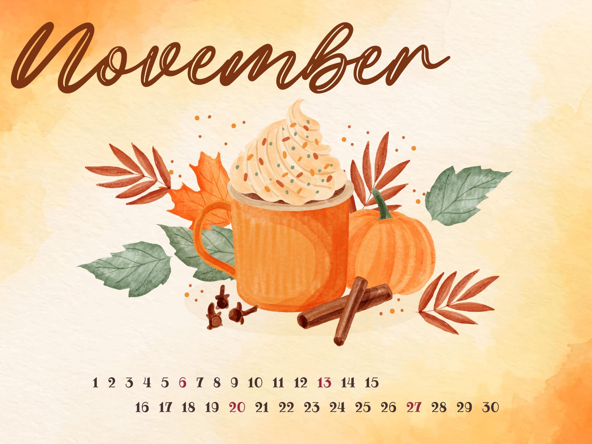 Free food calendar for November 1920x1440.