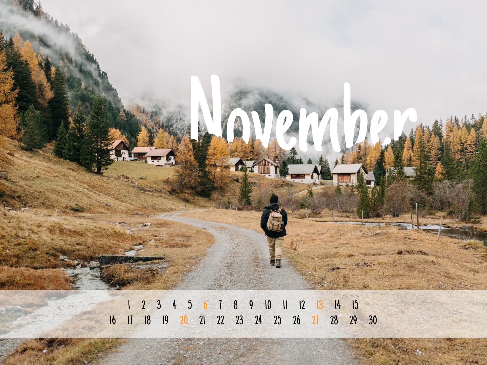 Free November calendar with mountains size 1920x1440.