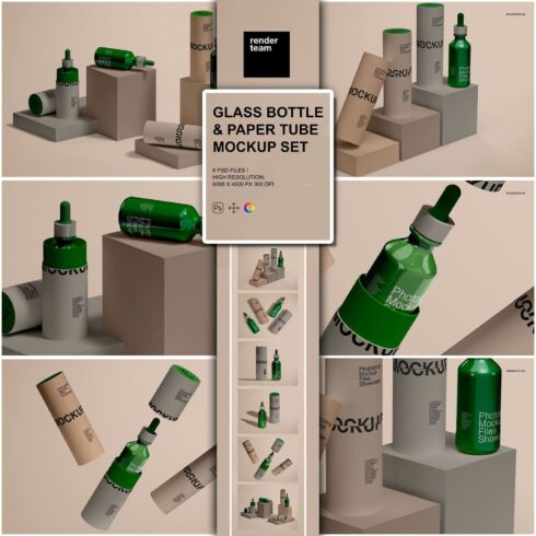 Prints of glass bottle and paper tube mockups.