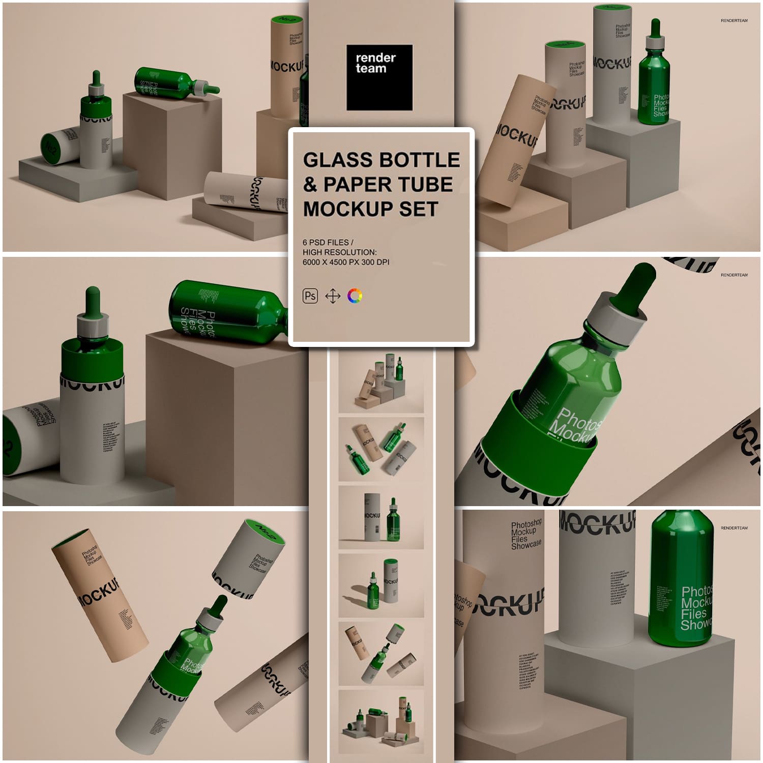 Prints of glass bottle and paper tube mockups.
