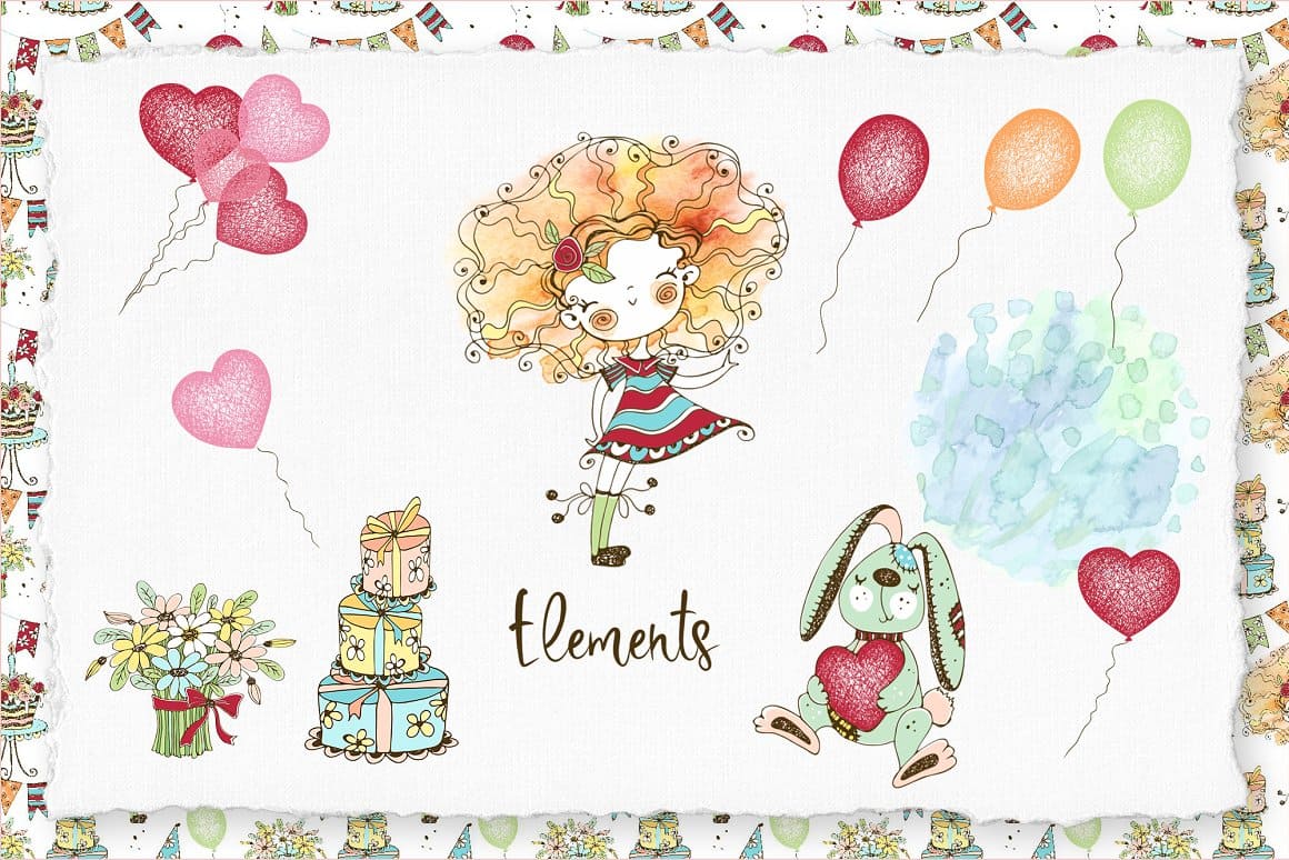 Watercolor illustration of a happy girl, balls, gifts for Valentine's Day.