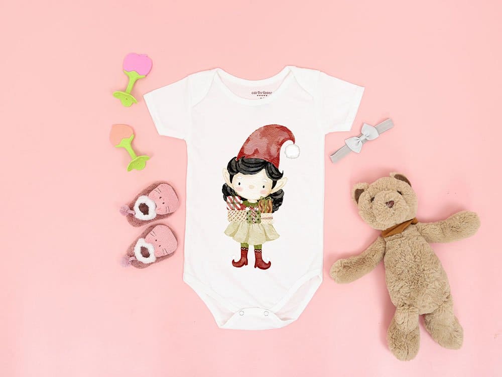 Christmas elves are painted on a white children's bodysuit.